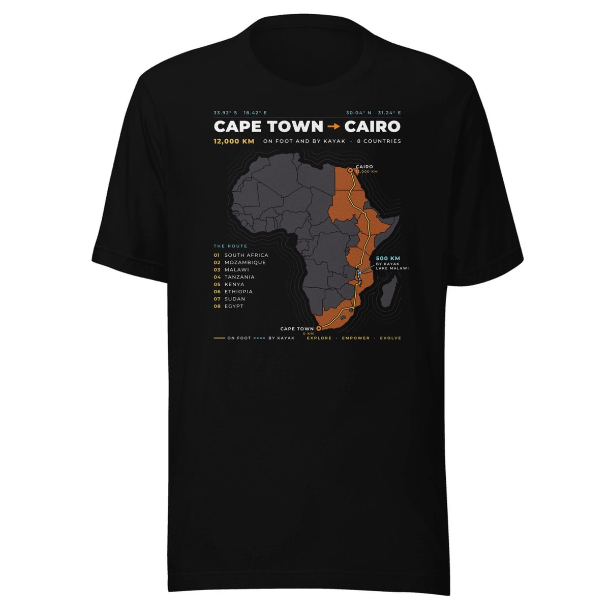 Black Cape Town to Cairo Tee printed with a map of Africa tracing the route from Cape Town to Cairo, 12,000 km on foot and by kayak through 8 countries.