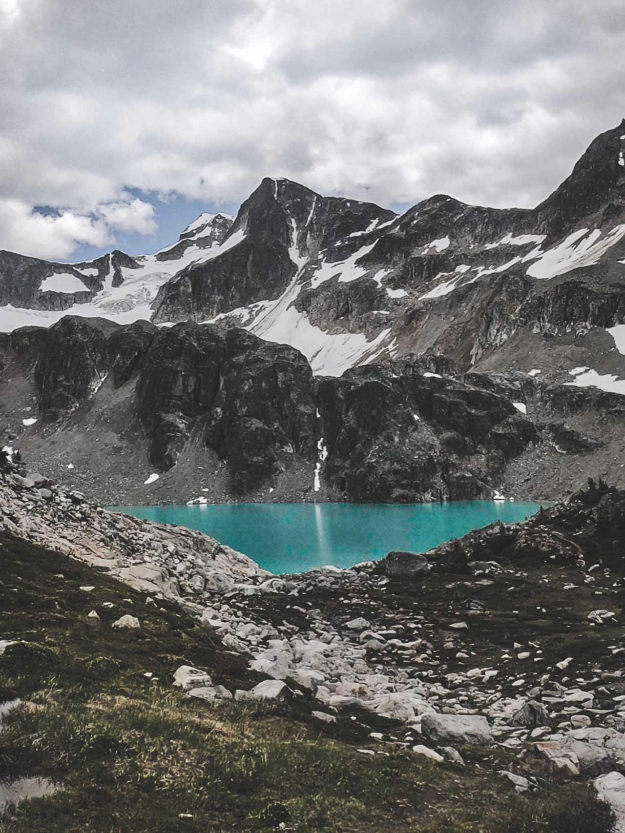 Turquoise alpine lake beneath snow-streaked peaks