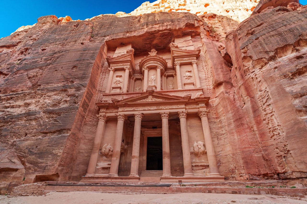 The Treasury at Petra carved into rose-red rock